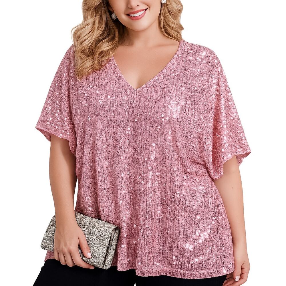 Pink Sequin Blouse Short Sleeve Sparkle Top Sz L